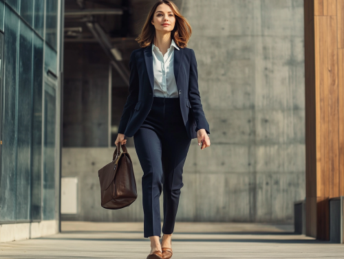 Businesswoman in blue suit walking outside office building. Businesswoman in blue suit walking outside office building.