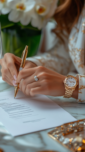Businesswoman signing contract at luxurious marble desk