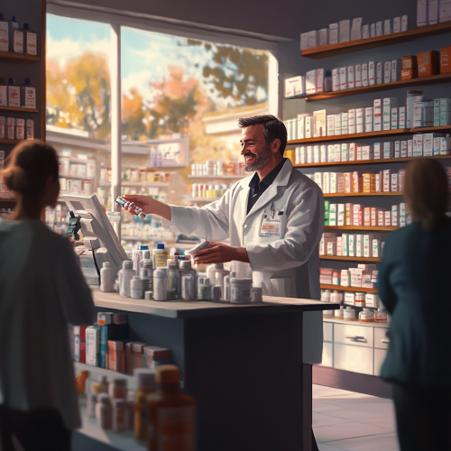 Busy Pharmacy Technician Assists Customers Amid Shelves.