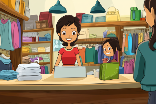 Busy cartoon character at clothing store with clients