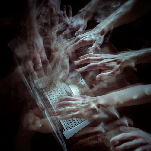 Busy hands and feet in fast, stressful motion