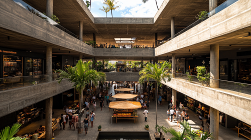 Busy modern Bali-themed retail building with food stalls