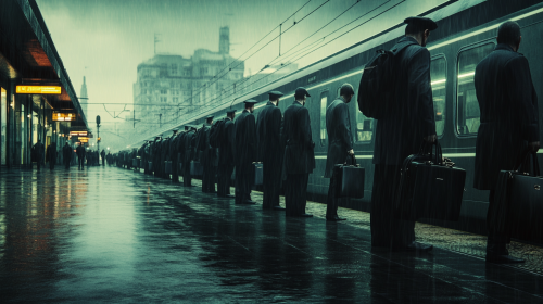 Busy workers wait for train under rainy sky