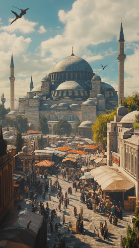Byzantine architecture captured in bustling Constantinople market square.
