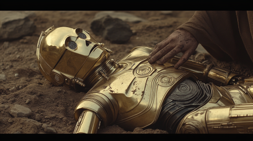 C3PO repaired by mysterious figure in desert landscape. C3PO repaired by mysterious figure in desert landscape.