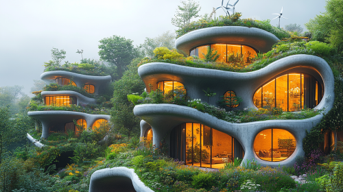 CGI rendering vertical gardens, green rooftops, hemp-derived steel buildings.