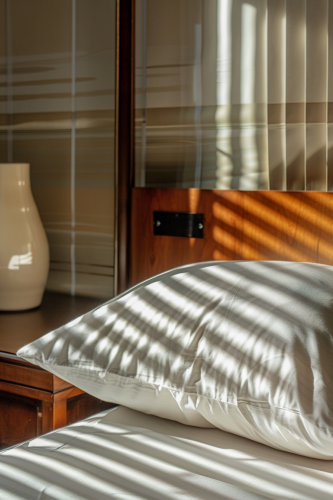 Calm Bed with Pillow, Nightstand, Blurred Frame View