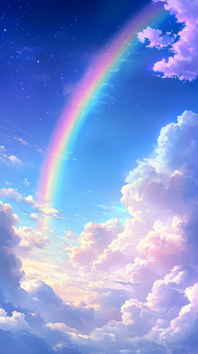 Calm sky with pastel rainbow and soft clouds