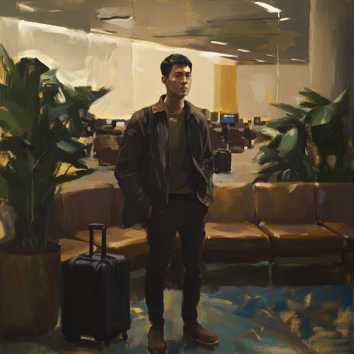 Calm traveler in cozy airport lounge painting