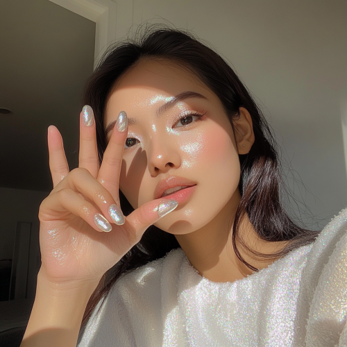 Candid Asian woman with champagne nails shaped almond.