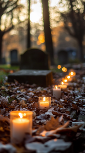 Candles glow at grave in peaceful dusk scene