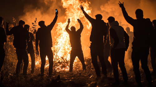 Capturing people at bonfire destroying phones for documentary.