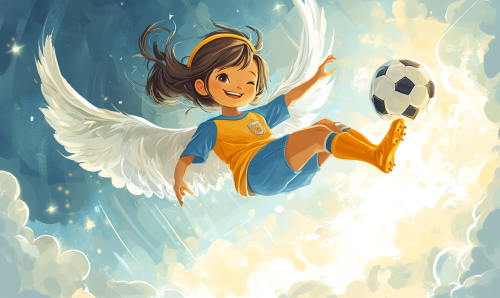 Cartoon 12-Year-Old Soccer Angel in Heavenly Sky 