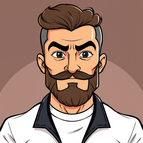 Cartoon bodyguard with beard and mustache wearing white t-shirt