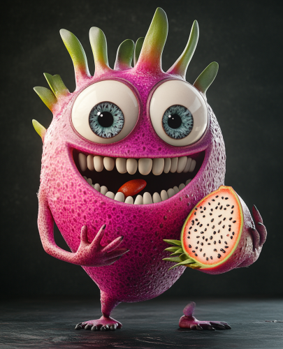 Cartoon capybara eats dragon fruit on black background