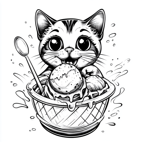 Cartoon cat eats ice cream in parlor