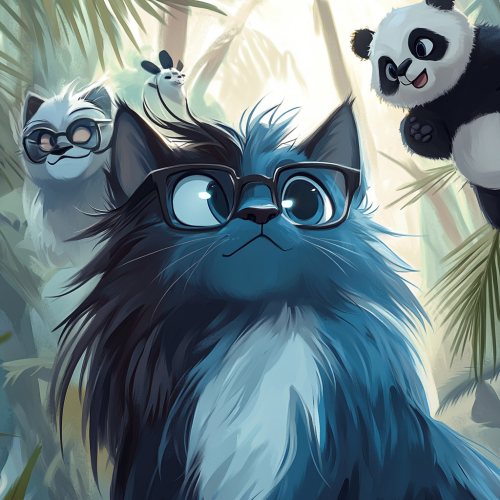Cartoon cat with blue fur, shaved left side. Sloth, panda cub in background, playful theme. Cartoon cat with blue fur, shaved left side. Sloth, panda cub in background, playful theme.