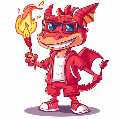 Cartoon dragon holding sports torch, playful, detailed design.