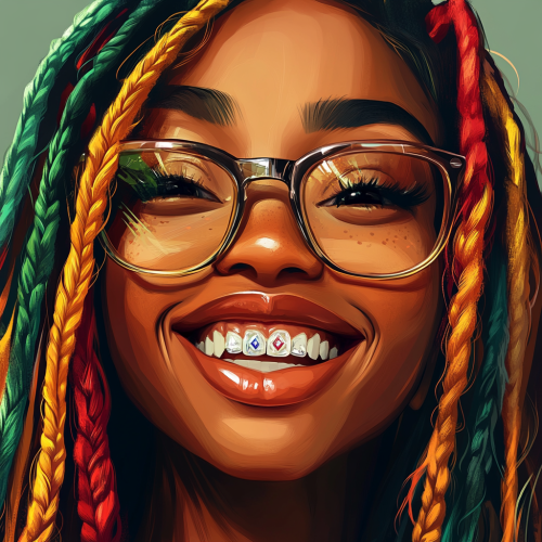 Cartoon image of smiling young woman with colorful locs