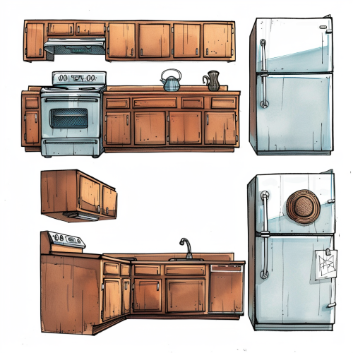Cartoon kitchen with bold lines, different sizes