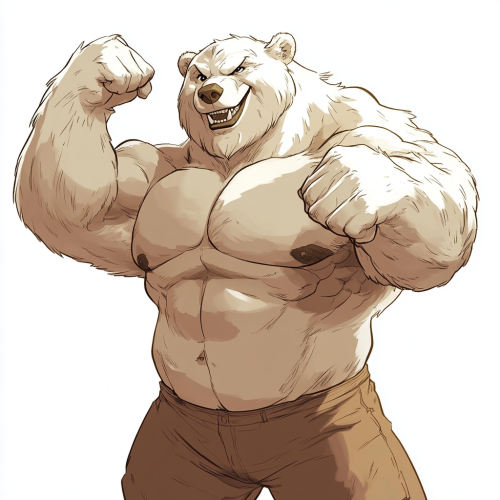 Cartoon white bear flexing bicep with smug expression