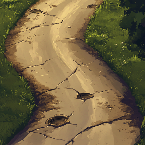 Cartoonish potholes on winding road with grassy edges
