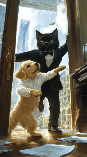 Cat boss fires puppy worker in modern office.