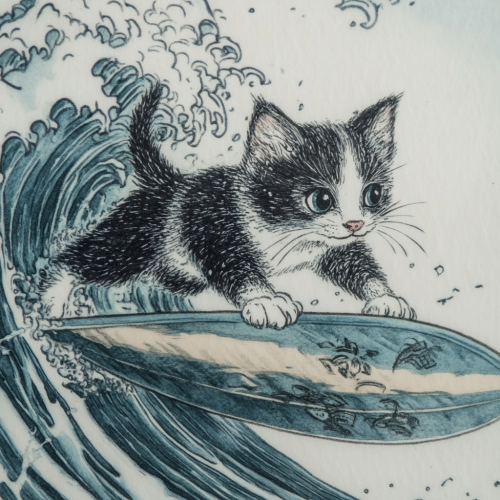 Cat surfing on board in dreamy watercolour waves.