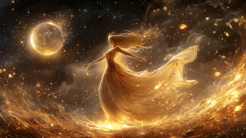 Celestial scene with new moon, Virgo, goddess Abundantia.