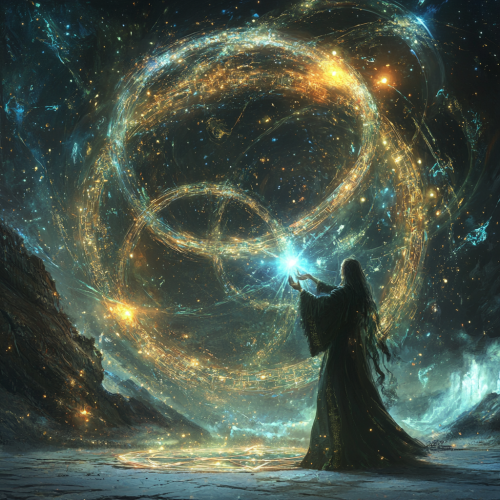 Celestial scene with powerful immortality spell and sorcerer. Celestial scene with powerful immortality spell and sorcerer.