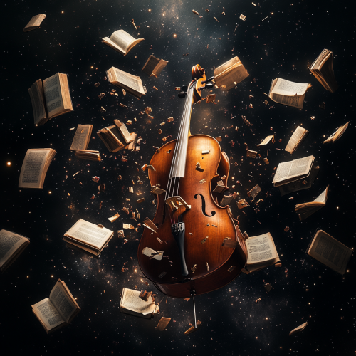 Cello and books floating in outer space with light. Cello and books floating in outer space with light.