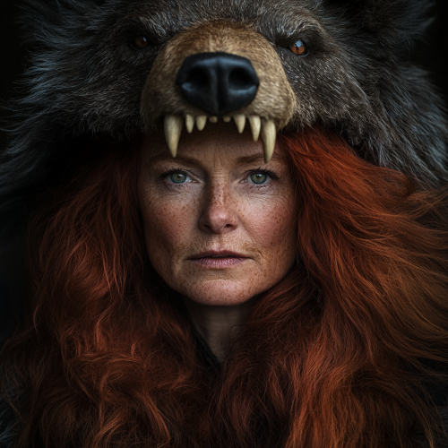 Celtic woman with red hair in bear headdress at night.