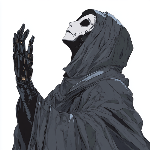 Character design in anime style wearing cloak and mask.