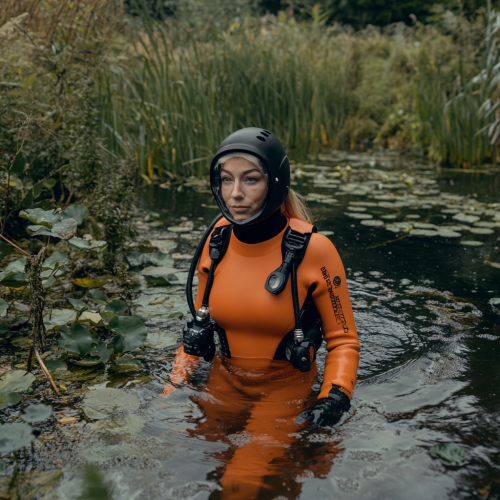 Charlotte Church in orange wetsuit in weedy lake