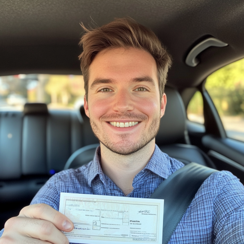 Cheerful British Man Holding Cheque in Car