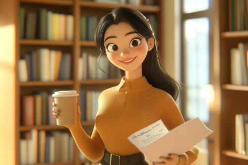 Cheerful Korean office worker in cozy library setting