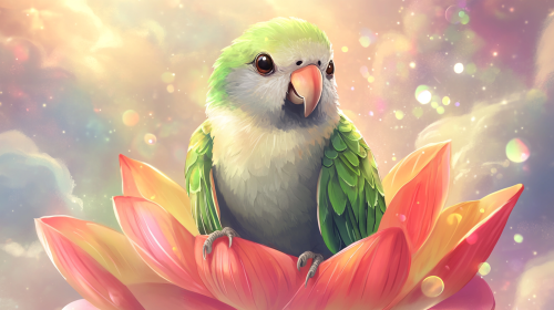 Cheerful Quaker Parrot as Bodhisattva on lotus flower.