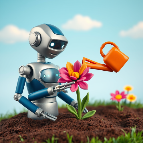 Cheerful Robot Tenderly Watering Vibrant Clay Flower