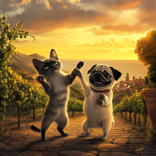 Cheerful Siamese cat and goofy Pug dancing in vineyard
