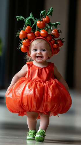 Cheerful baby girl in tomato-themed fashion show.