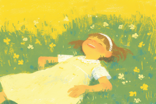 Cheerful girl in white dress on green grass