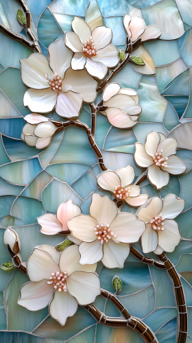 Cherry blossom stained glass mosaic with 3D effect.
