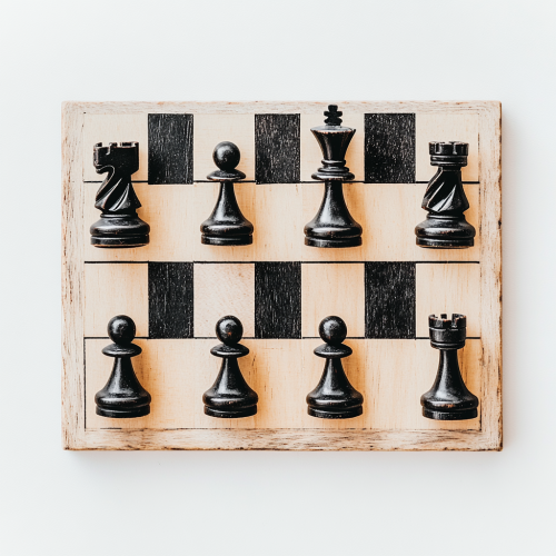 Chess pieces on a board with white backdrop.