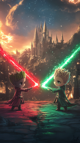 Chibi Groot and Elsa casting spells at Hogwarts Castle.
