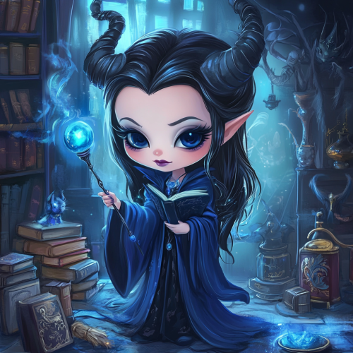 Chibi Maleficent in Ravenclaw robes, studying magical texts. Chibi Maleficent in Ravenclaw robes, studying magical texts.