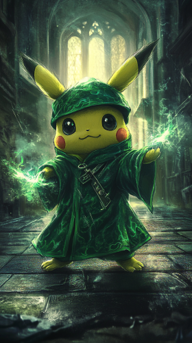 Chibi Pikachu in Slytherin robes at Hogwarts castle.
