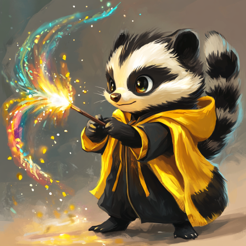 Chibi badger in Hufflepuff robe casting spell magic.