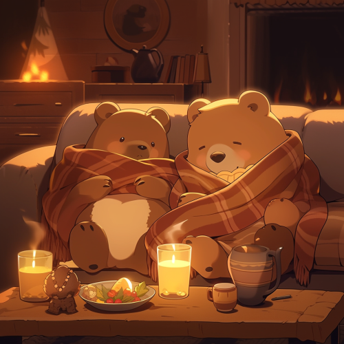 Chibi bear and cub watching movie in cozy cabin. Chibi bear and cub watching movie in cozy cabin.
