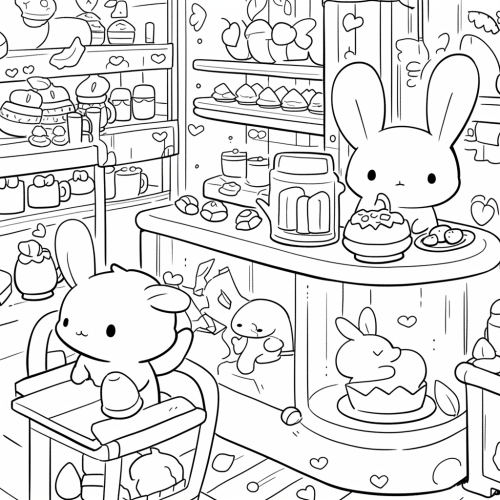 Chibi bunnies working in magical coffee shop.