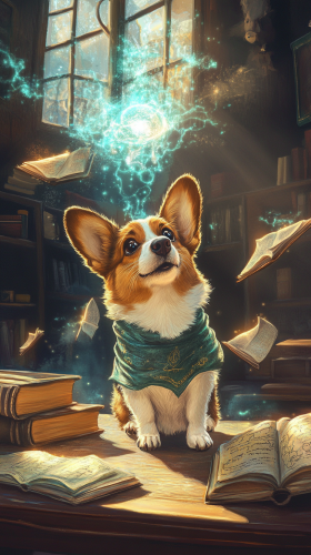 Chibi dog practices transfiguration in Hogwarts classroom.